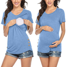 Women Nursing Shirts for Women Short Sleeve Side Button Round Neck Postpartum Clothes Double Layer Maternity Tee Blue L