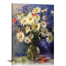 Wandbild „Gänseblümchen in Vase“ – Gelb-blauer Blumendruck, moderne Dekoration für Schlafzimmer, Wohnzimmer, Badezimmer, Büro (40 x 50 cm /