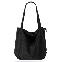 Sac cabas en velours noir pour femme, fermeture éclair, sac à main décontracté, grande capacité, bandoulière et poches.