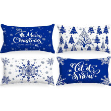 Julkuddeöverdrag till ländryggen, 12x20, 4-pack, blå snöflingemotiv för juldekorationer i lantlig stil