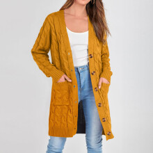 YOUSNH Gebreid vest met lange mouwen voor dames, herfst/winter, open voorkant, knoopsluiting, met zakken, gebreid vest, geel, maat M