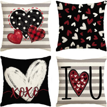 Love U XOXO Valentijnskussenhoezen met hartjes en strepen, 45 x 45 cm, zwarte kussenhoes voor bank en fauteuil (set van 4).