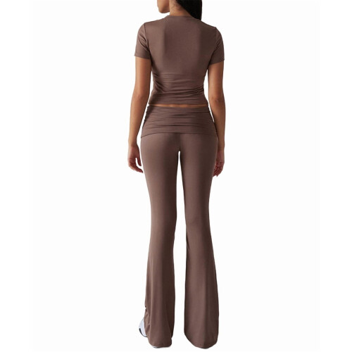 Solid Color Slim Fit Short Sleeve Trousers Suit Coffee M 2