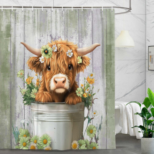Highland Cow Shower Curtain with Hooks, Polyester, 48 x 70 1