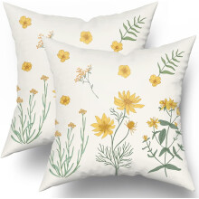 Bloemenkussenhoezen 18x18 cm, set van 2, vintage geel en saliegroen botanische print, katoenen vierkante kussenhoezen voor bank/bed