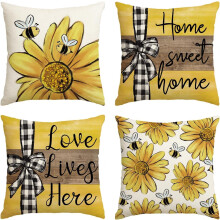 Kissenbezüge „Home Sweet Home“ mit Bienen- und Sonnenblumenmotiv, 50 x 50 cm, „Love Lives Here“ – Frühlings- und Sommerstreifen, 4er-Set