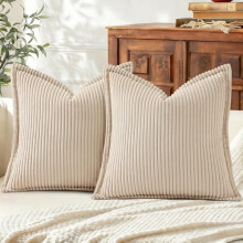 Cord-Kissenbezüge, 61 x 61 cm, 2er-Set, neutrale, dekorative, weiche Boho-Kissenbezüge mit breitem Rand für Sofa und Wohnzimmer, Beige