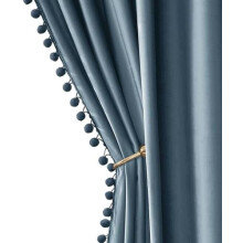 Blue Pom Pom Velvet Blackout Curtains, 96", Rod Pocket, Thermal Insulating, Darkening, for Kids Bedroom/Living Room/Nursery/Home Theater, Set of 2,