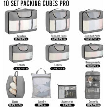 Set van 10 pakblokken voor op reis – 4 maten, geschikt voor handbagage, inclusief was- en toilettassen met hanger.