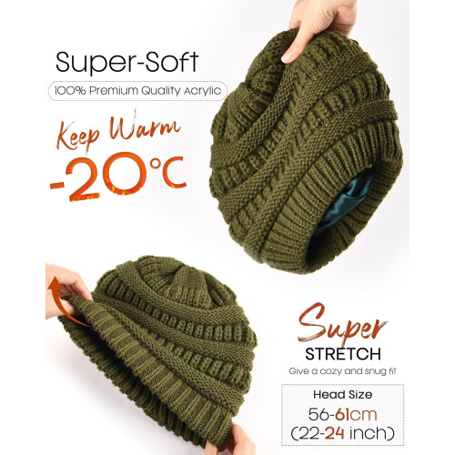 Dam Slouchy Vintermössa Stickad Mössa Satinfodrad Tjock 1