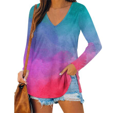 Damen Langarmshirt mit V-Ausschnitt, lockere Passform, Herbst-Tunika, Damen-Herbsttop, mehrfarbig, Größe S
