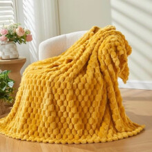 Super Soft Twin Blanket, Mustard Yellow, 350GSM Silky Flannel Fleece, 3D Clouds Jacquard, All-Season Use (60"x80")