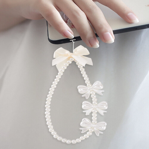peça Alça de celular com laço, flor e borboleta, com miçangas, para uso como chaveiro ou para celular (1 conjunto) 2