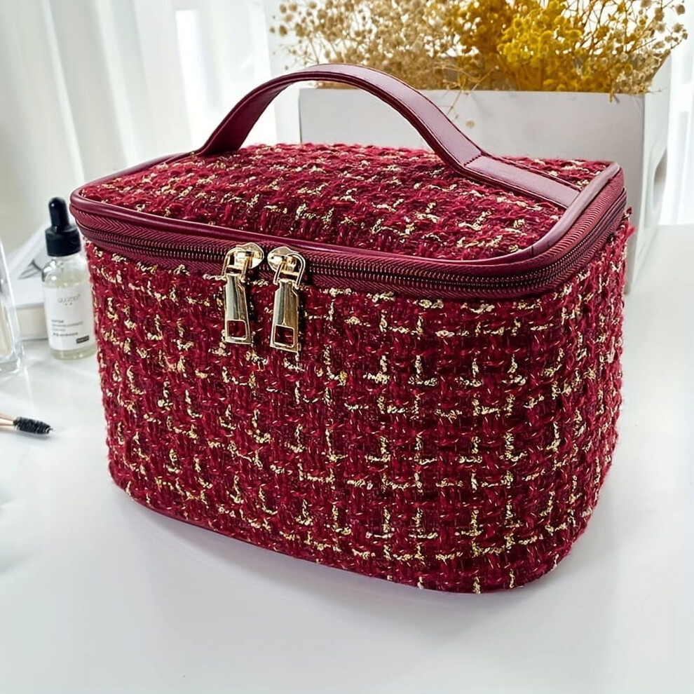 Lightweight Portable Minimalist Makeup Zipper Handbag with Plaid Pattern, Toiletry Wash Bag for Women's Outdoor Trip
