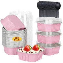 120pcs 5oz Mini Cake Tins with Lids, Aluminum Foil Baking Cups, Disposable Ramekins for Muffins, Brownies, Cheesecakes—Pink