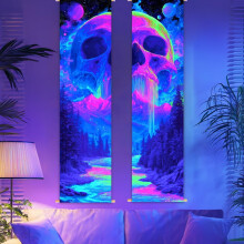 2 Pack Blacklight Tapestry Glow in the Dark Galaxy Mountain River Tapestry UV Reactive Wall Hanging 12.951 Inch with Rope Wooden Rod Multi-color