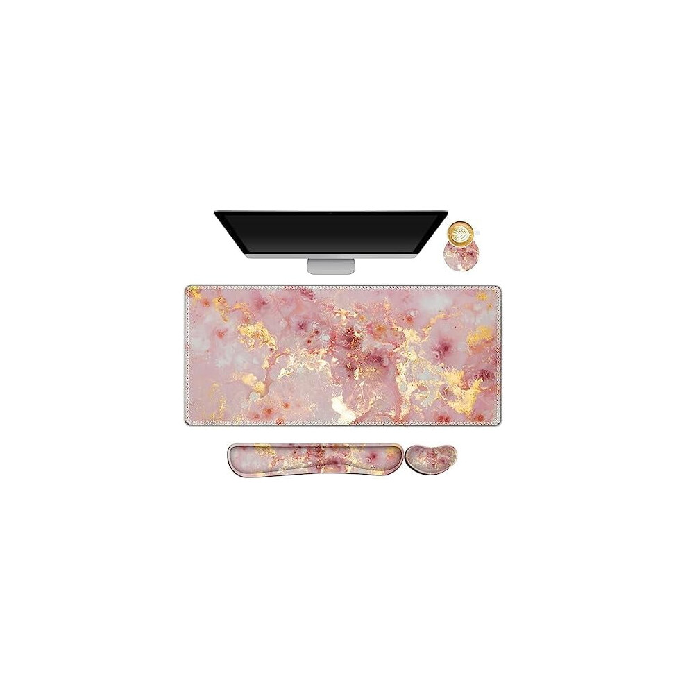Large Gaming Mouse Pad Set With Wrist Rest, Keyboard Support & Coaster, 35X15.7", Gilt Marble Pink 9338982627023