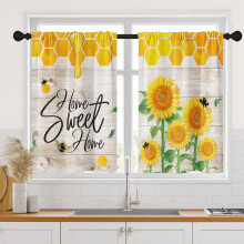 Yellow Sunflower Kitchen Curtains Set of 2 (26x36"), Bee-Themed Tier Curtains for Sink, Bathroom & Dining Room