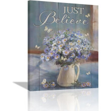 Farmhouse Daisy Floral Wall Art – Rustic Purple Flower Canvas, Butterfly Design, "Just Believe", 12"x16", Framed Modern Decor for Living Room,