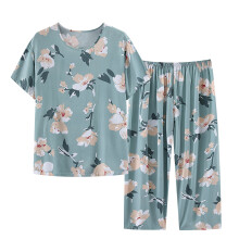 Sommer-Schlafanzug-Set für Damen in Leinenoptik, 2-teilig | Kurzärmeliges Oberteil mit Knopfleiste und Rundhalsausschnitt im Retro-Stil + Hose mit