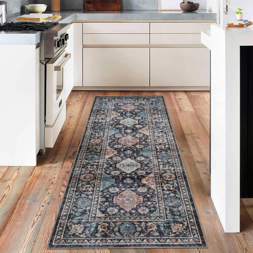 Washable Runner Rug Boho Floral Non-Slip Black 2x6 ft