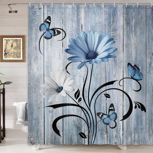 Cortina de chuveiro floral com margaridas azuis, 152 x 178 cm (60 x 70 polegadas). 1