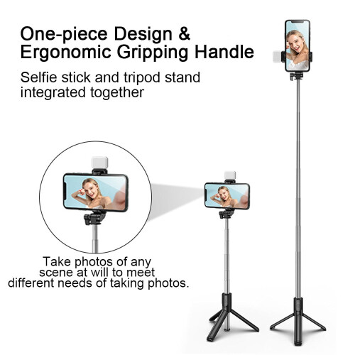Lighted Selfie Stick Tripod, Removable Bluetooth Remote, Lightweight, Portable 1