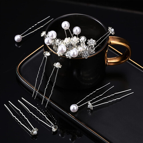 Épingles à cheveux en perles, strass et fleurs en forme de U, lot de 6 1