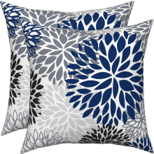 Capas de almofada dálias em azul marinho e cinza, 40x40 cm, conjunto de 2, capas de linho com estampa floral geométrica para áreas externas,