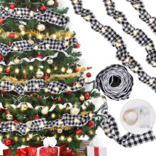 LED-Weihnachtsbaumgirlande im Büffelkaromuster – Rustikales rotes und schwarzes Bastelband mit Lichtern