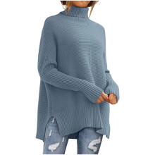 Suéteres de talla grande para mujer, manga larga, cuello redondo, bajo con abertura, estilo casual, extragrande, de punto acanalado, tipo túnica