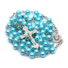 Witte parel-rozenkrans, katholieke ketting met heilig medaillon en kruis, lange christelijke ketting voor dames en heren.