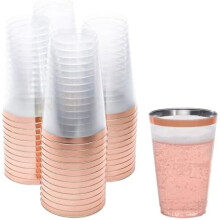 50er-Packung 14oz (ca. 414 ml) Einweg-Weinbecher aus Kunststoff mit roségoldenem Rand – Robust, rosa Rand, ideal für Partys und Hochzeiten –