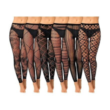 Women's Black Fishnet Footless Tights High Waist 6 Pairs