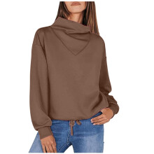 Trendige Damenoberteile in Kaffeebraun 2024, Rollkragenpullover, langärmlig, Polyester, einfarbig bedruckt, Größe L