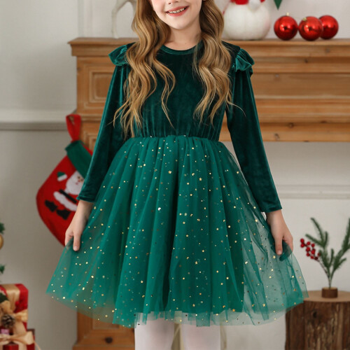 Mädchen langes Samtkleid mit Rüschen, Pailletten und Tüll 1