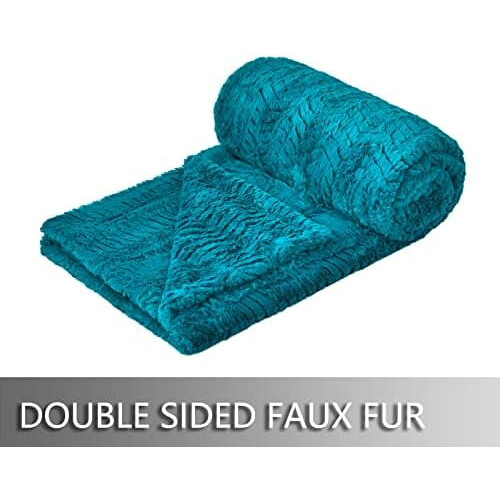 Faux Fur Throw Blanket 63 x 90 in Teal 1