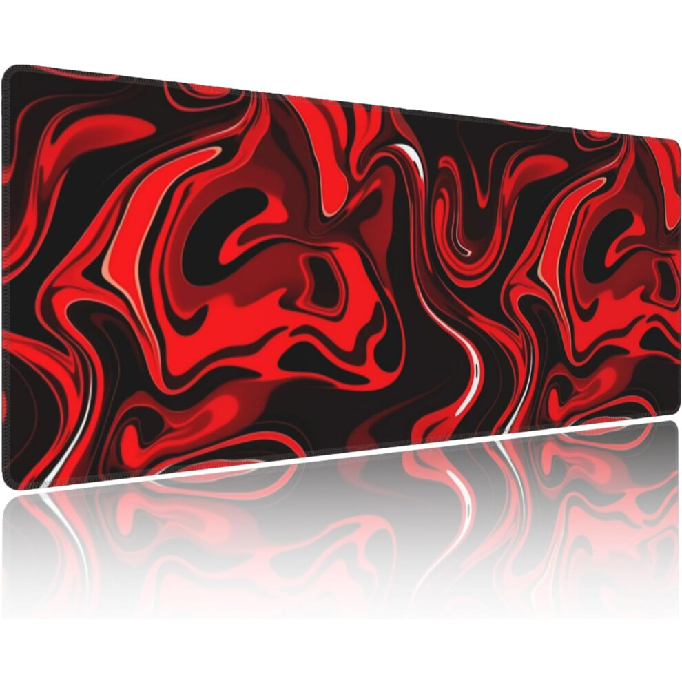 & Fluid Marble Gaming Mouse Pad, Non-Slip Rubber Base, Stitched Edges, 31.5X11.8 In, Compatible With All Mice Black/Red 9482726806790