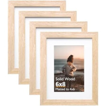 6x8 Natural Solid Wood Photo Frames w/ Acrylic, 4x6 w/ Mat or 6x8 w/o Mat, Tabletop & Wall Display, Set of 4