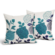 Turquoise Teal Floral Pillow Covers 16x16", Set of 2, Linen Square Cushion Covers for Sofa, Couch, Bedroom – Spring/Summer Home Decor