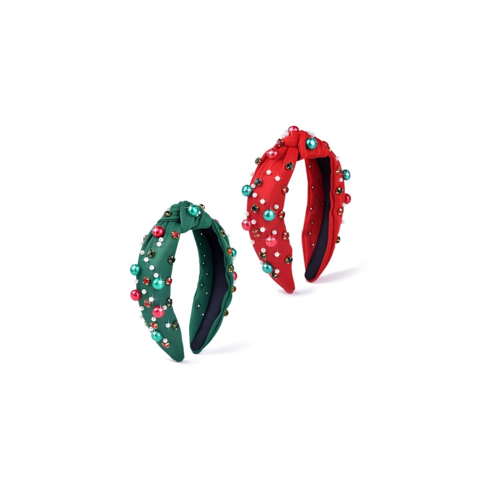 Christmas Headband Red Green Pearl Rhinestone Hairband 2 pcs