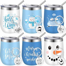 Juego de 6 vasos de vino navideños, 355 ml (12 oz), acero inoxidable con tapa, pajita y llaveros – Taza de viaje isotérmica para Navidad, bodas y