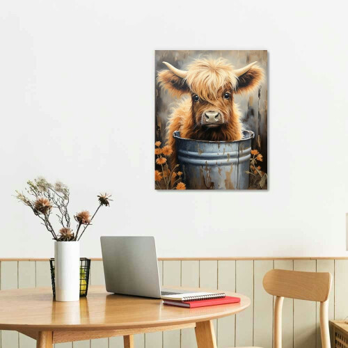 Τέχνη Τοίχου EastSmooth Farmhouse Highland Cow: Hello Sweet Cheeks Μπάνιο Πινακίδα Εκτύπωση σε καμβά Καφέ 1