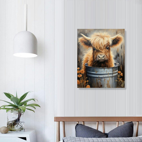 Τέχνη Τοίχου EastSmooth Farmhouse Highland Cow: Hello Sweet Cheeks Μπάνιο Πινακίδα Εκτύπωση σε καμβά Καφέ 2