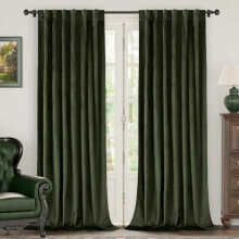 Olive Green Velvet Thermal Blackout Curtains 52x96", Back Tab & Rod Pocket, Set of 2, Compatible with French Doors