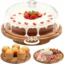 Acacia Wood Rotating Cake Stand with Shatterproof Acrylic Dome Lid, 11.8" Tray – Wedding, Birthday & Party Gift