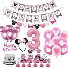 Potreby na tretiu narodeninovú oslavu Minnie – ozdoby na tortu, fóliový balón, čelenka s myšími ušami, dekorácia na muffiny, Number3Decor