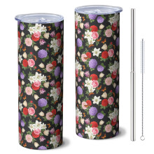 Gobelet isotherme Pioneer Flower Floral 590 ml avec paille et couvercle – Double paroi isolée sous vide, étanche, compatible avec les