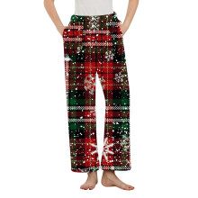 Dames flanellen pyjamabroek, fleecegevoerde thermische winterpyjamabroek, sneeuwvlokken kerstprint, plus size, zachte warme loungebroek