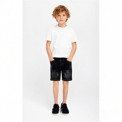 Short en jean pour garçon, léger, décontracté, cinq poches, extensible 1